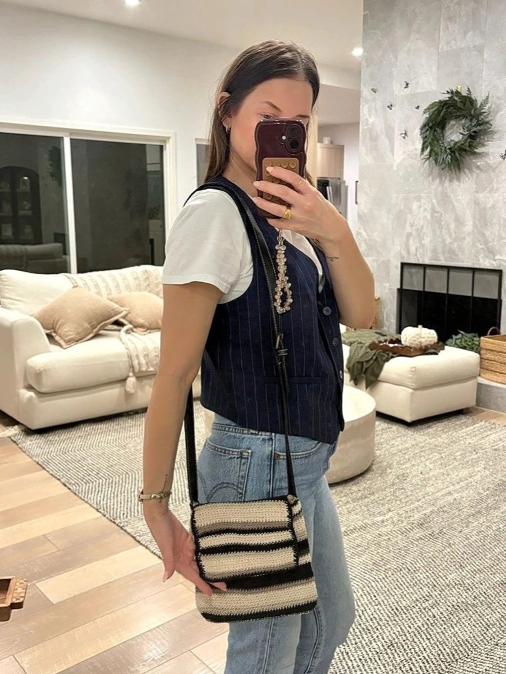 Black Beige Striped Crochet Crossbody Bag Boho Y2K Shoulder Purse